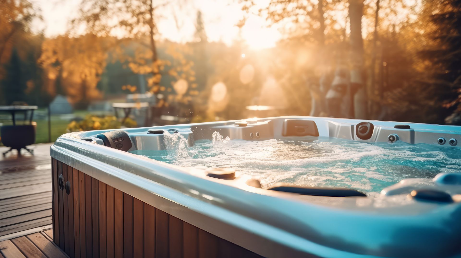 Bain à remous sur une terrasse en bois avec de l'eau bouillonnante, la lumière du soleil traversant les arbres en arrière-plan.