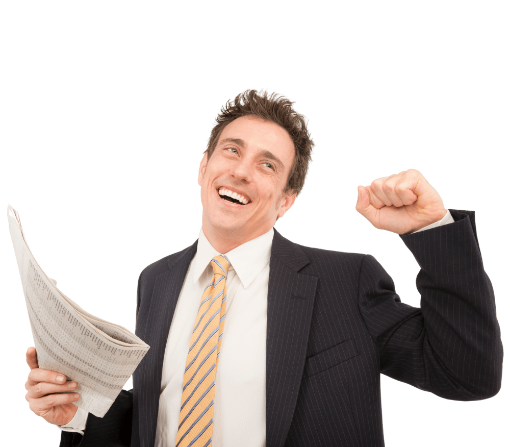 Employer holiding a newspaper getting excited with uplifted fist knowing he doesn't have to list job listings in the paper anymore because of Priority Placements Group Hiring Services