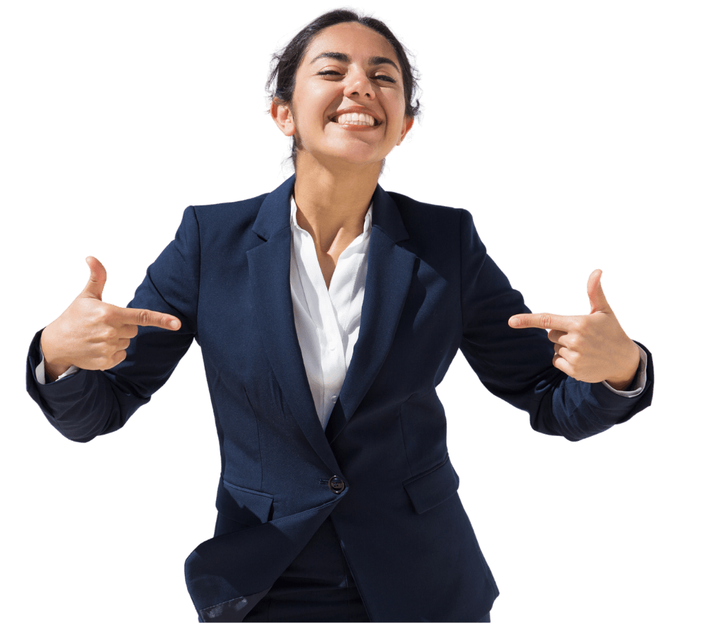 Smiling business woman pointing at herself smiling after landing a new career position with the help of PPG