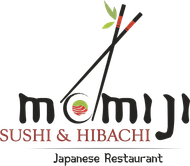 Sushi & Hibachi Japanese Restaurant logo with chopsticks, sushi icon, and red-brown text on white background