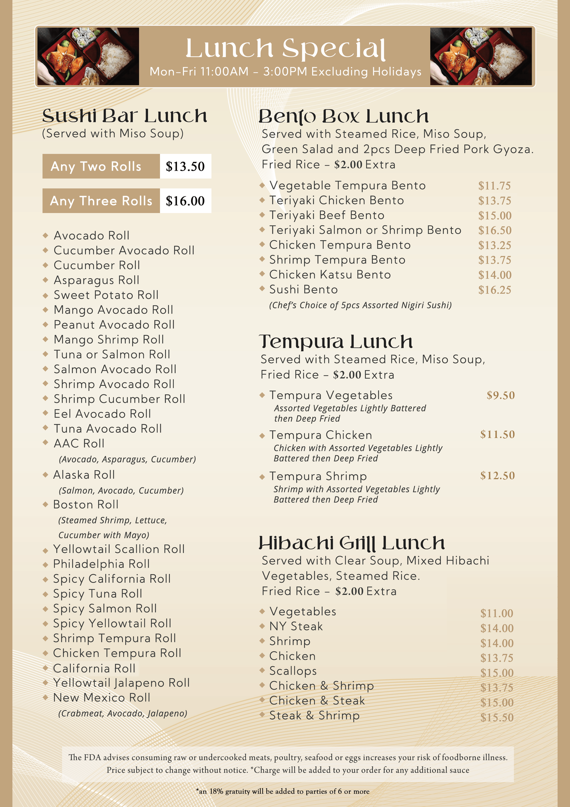Restaurant menu board with lunch specials and prices in a beige, black, and red design