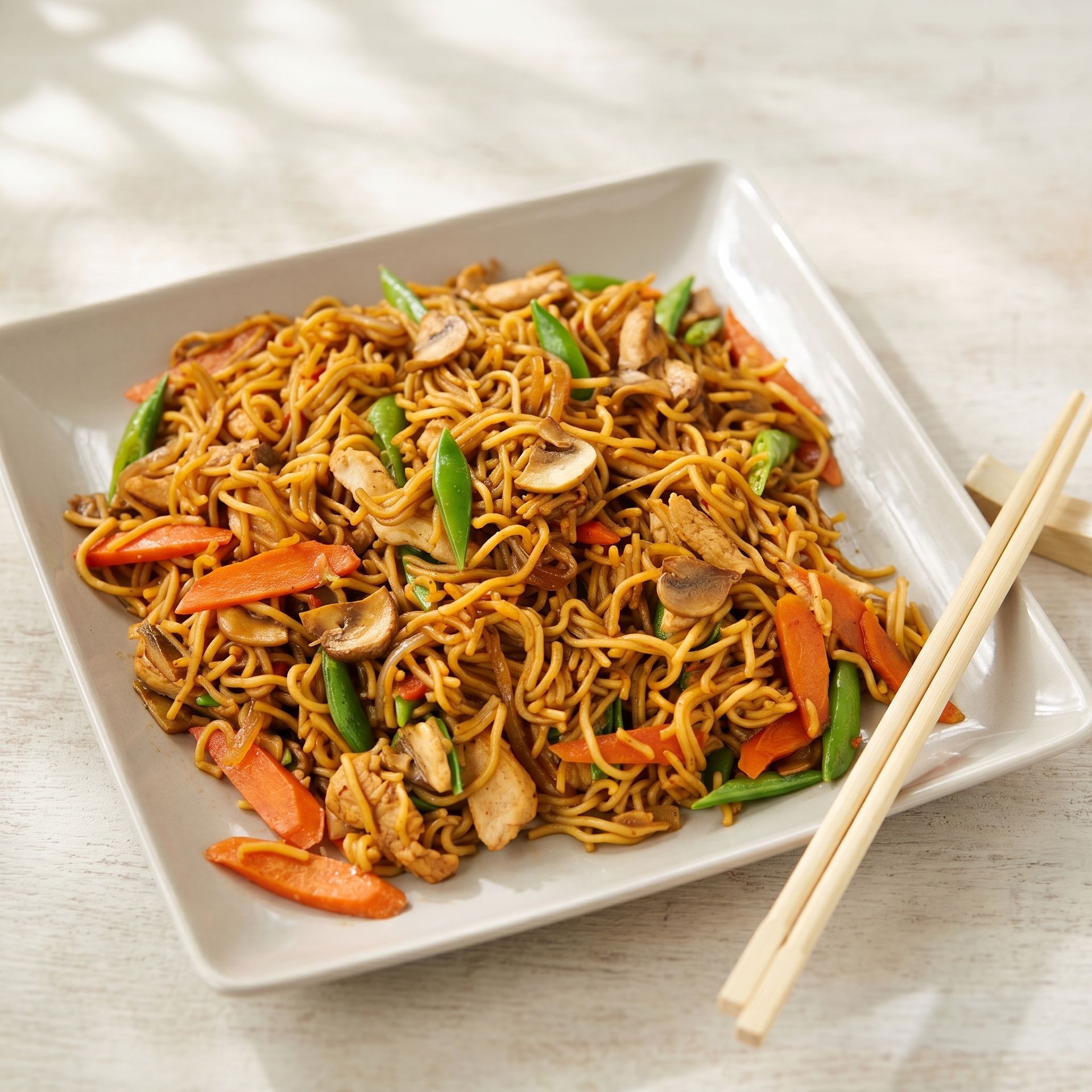 Stir-fried noodles with chicken and vegetables on a white plate with chopsticks