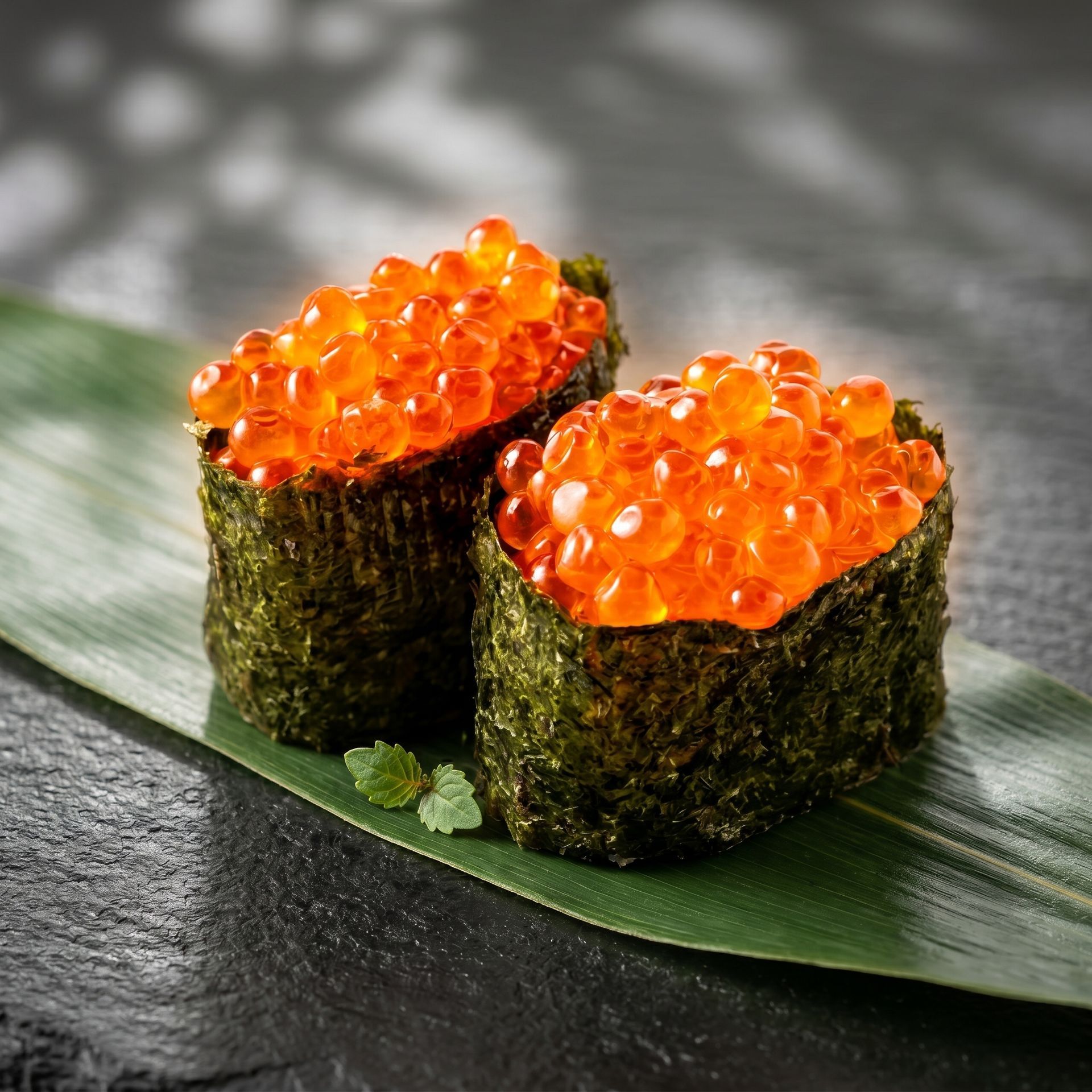 Two seaweed-wrapped sushi bites topped with bright orange salmon roe on a banana leaf