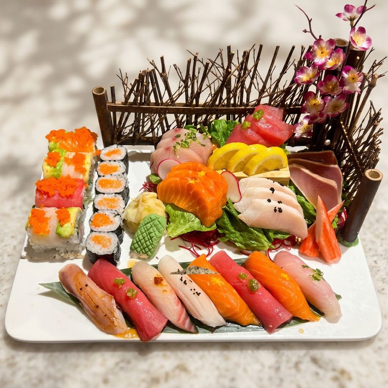 Assorted sushi and sashimi platter on a white plate, with colorful rolls and garnishes