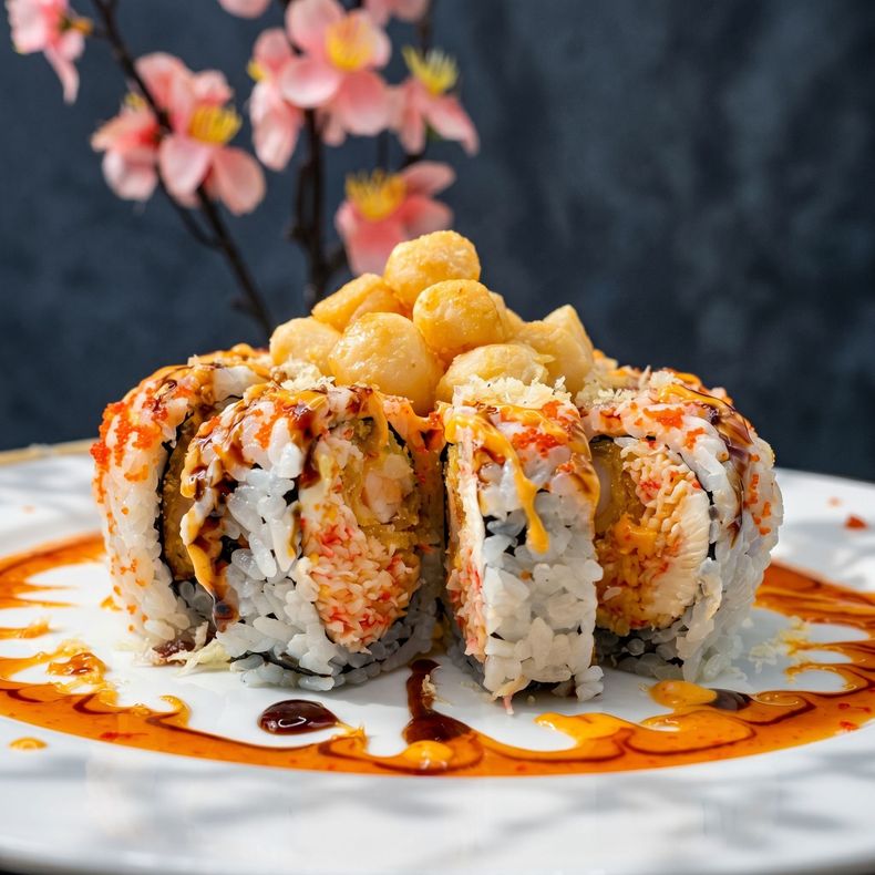 Sushi rolls drizzled with sauce and crispy topping on a white plate, with pink flowers in the background