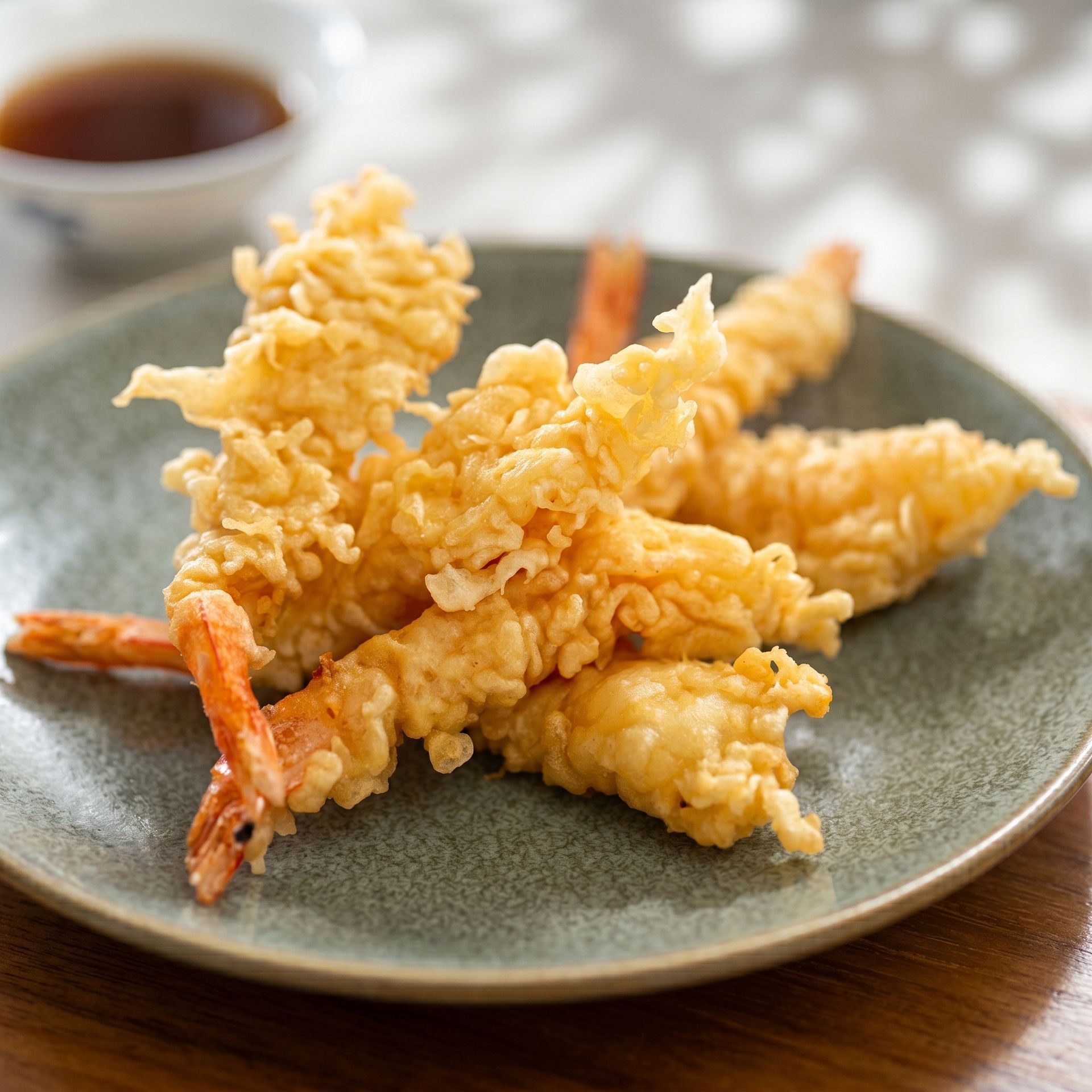 Tempura fried shrimp on a gray plate with dipping sauce in the background