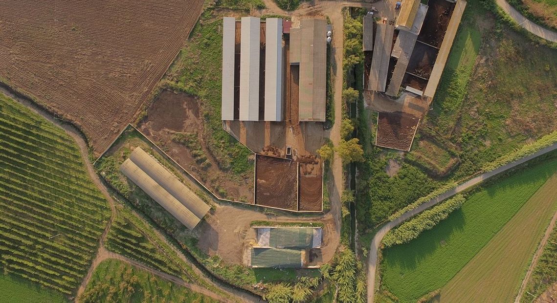 Veduta aerea di edifici agricoli e fienili accanto a campi verdi e strade sterrate.