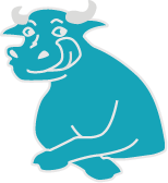 Ippopotamo blu stilizzato seduto con un sorriso, delineato in bianco su sfondo neutro.