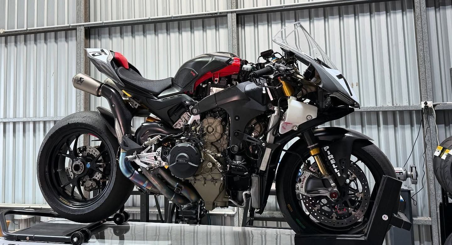 A V4R Panigale trackbike on the workbench at DUC LAB, it is receiving a checkover.