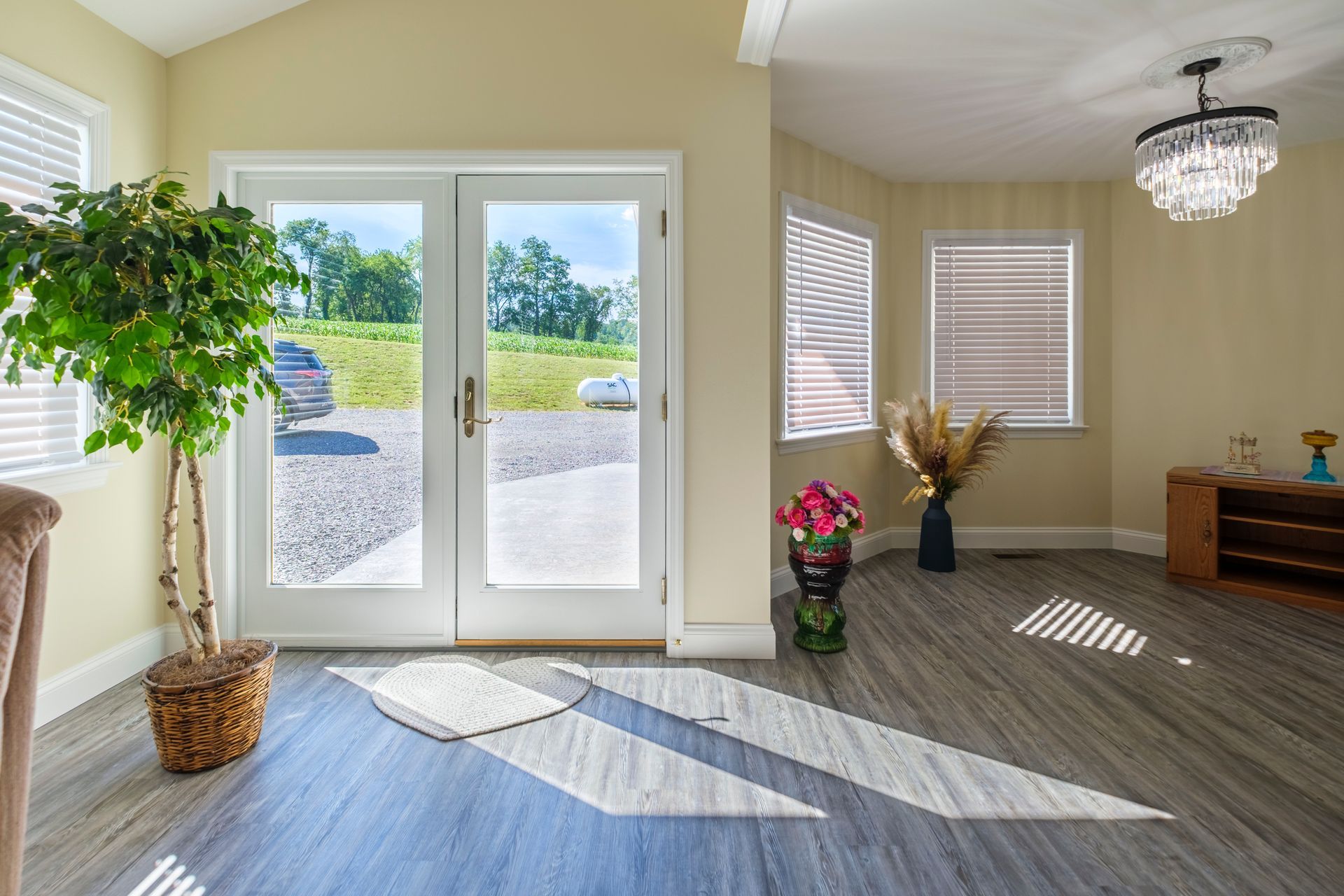 Bright living room with glass doors, gray carpet, chandelier, and potted plants in sunlight