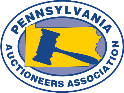 Logo for the Pennsylvania Auctioneers Association featuring a blue gavel superimposed over a yellow map of Pennsylvania.