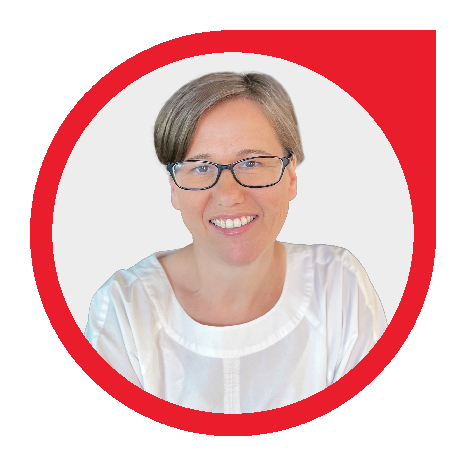 Woman with glasses smiles; framed in a red circle on a white background.