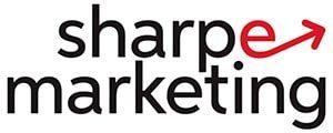 Logo for Sharpe Marketing. Black text with a red arrow as the 