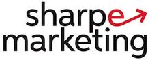 Logo for Sharpe Marketing. Black text with a red arrow as the