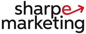 Logo for Sharpe Marketing. Black text with a red arrow as the