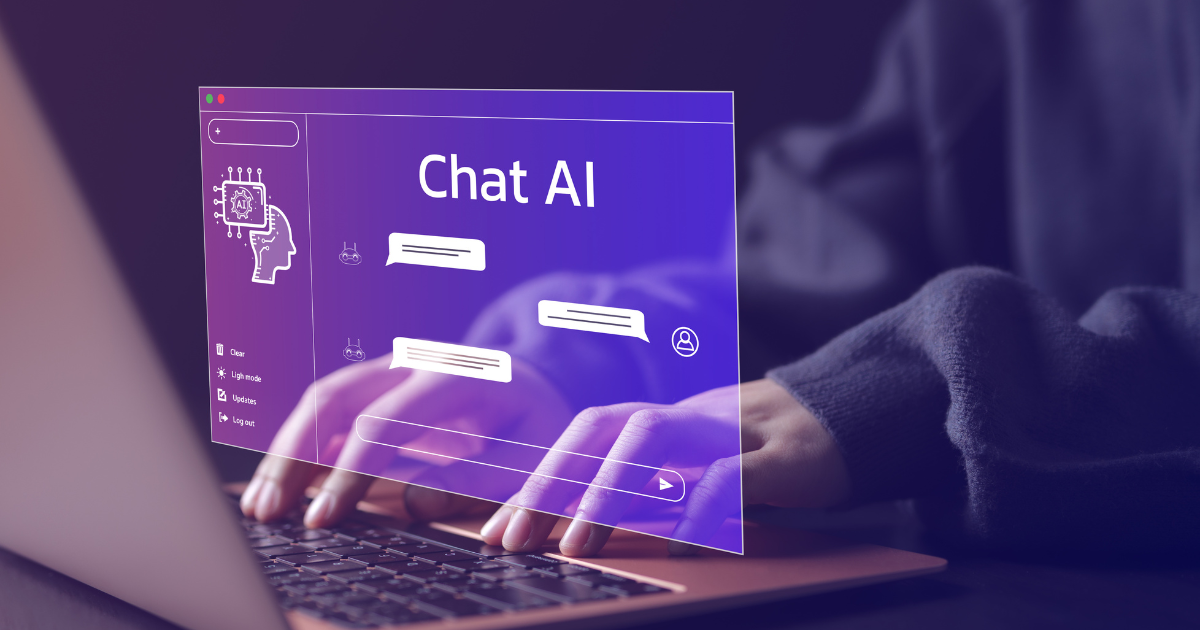 Hands typing on a laptop with a purple “Chat AI” holographic interface overlay