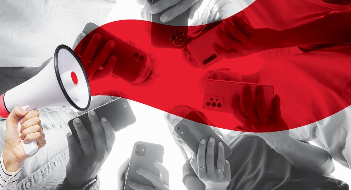 Megaphone with red wave overlayed on a crowd holding smartphones.