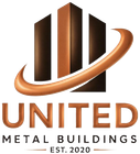 United Metal Buildings logo with bronze building icon and swoosh on white background