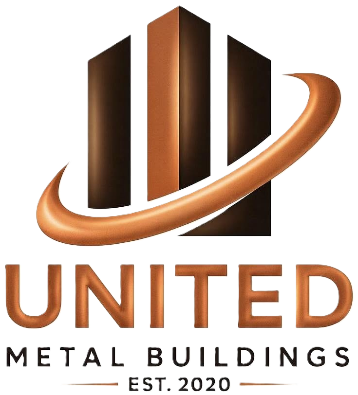 United Metal Buildings logo with bronze building icon and swoosh on white background