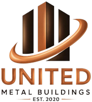United Metal Buildings logo with bronze building icon and swoosh on white background