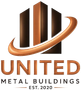 United Metal Buildings logo with bronze building icon and swoosh on white background