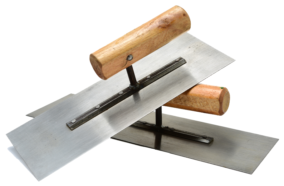 Two trowel with wooden handles are stacked on top of each other