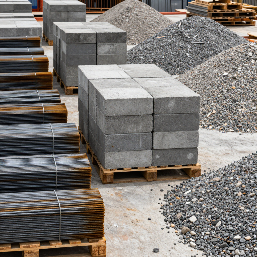 Bloques de hormigón apilados y varillas metálicas sobre palés, junto a montones de grava y piedras en un depósito de materiales de construcción