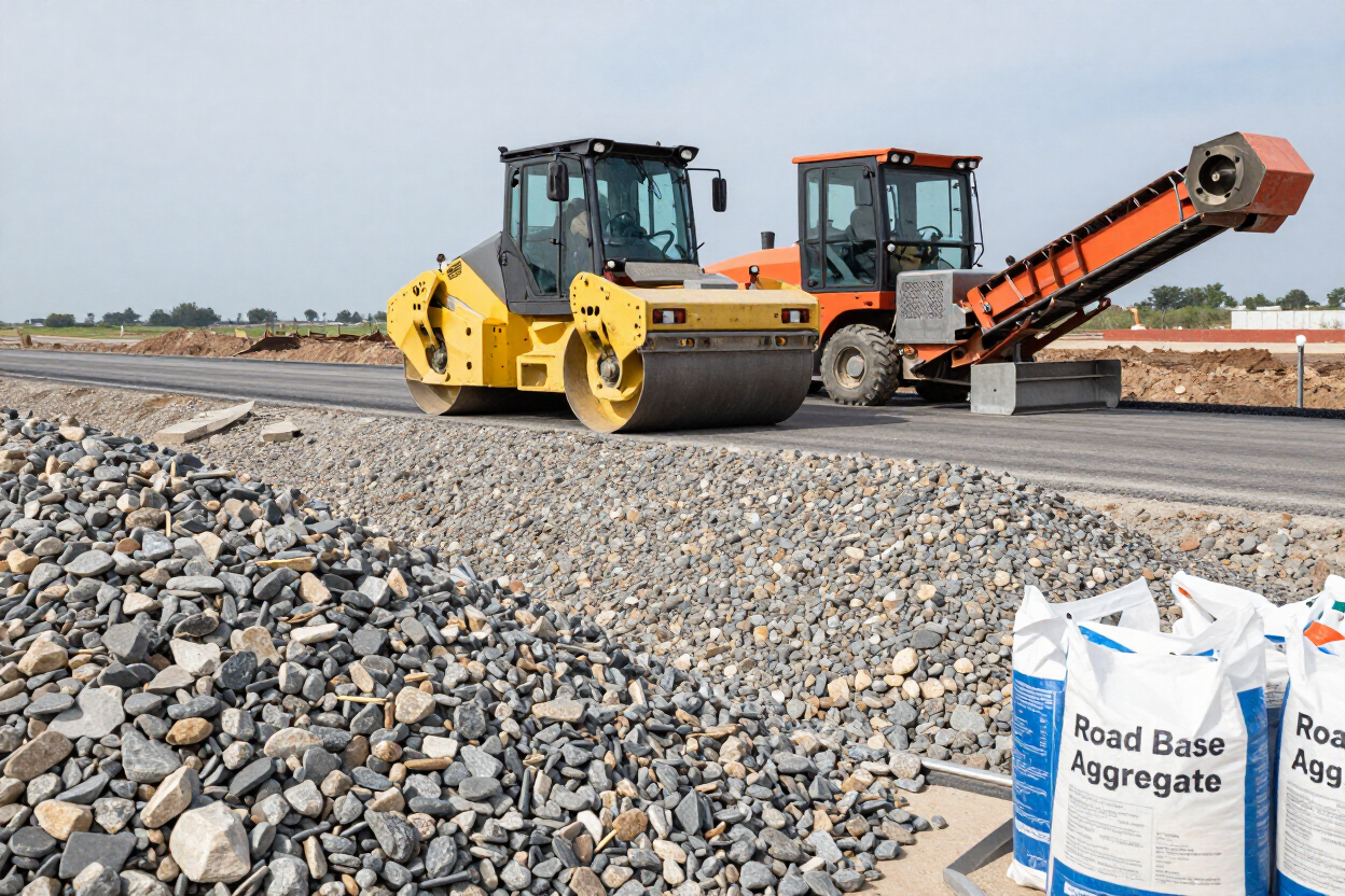 Materiales para vías con base granular y maquinaria de obra vial.