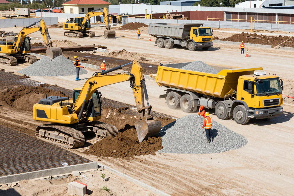 Obra civil con movimiento de tierras y suministro de agregados para infraestructura.