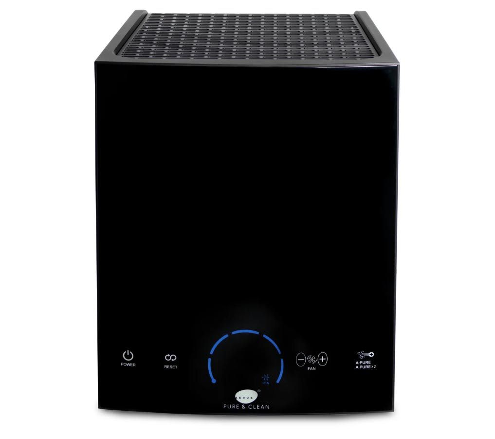 A black, cube-shaped air purifier with a central control dial, glowing blue light, and touch-sensitive operation icons.