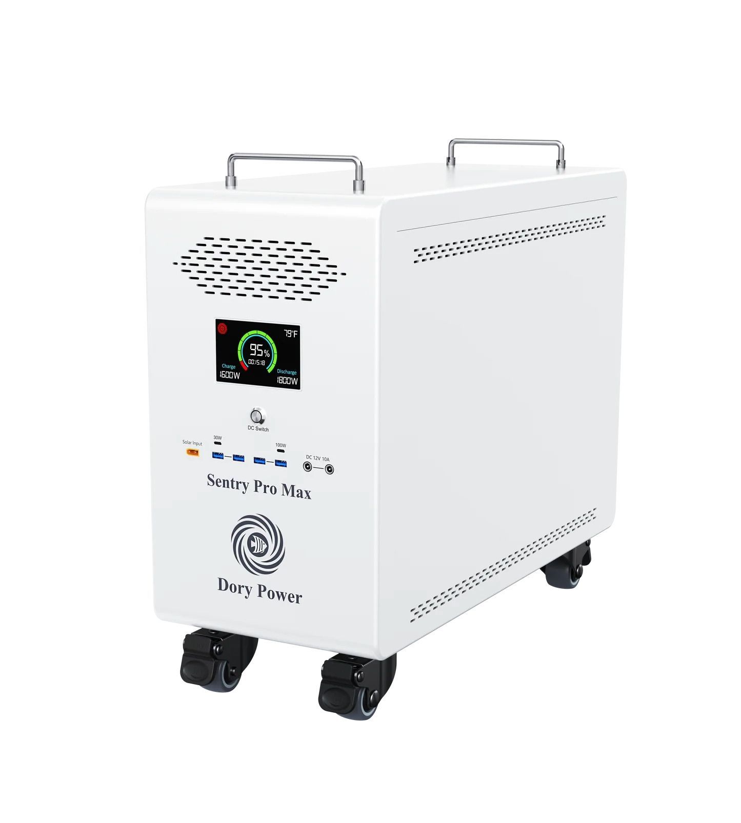 A white, portable power station on wheels, labeled