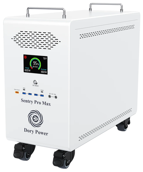 White portable battery backup power generator on wheels with handles and front display, labeled “Sentry Pro Max.”