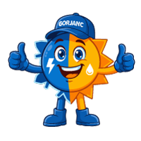 Blue and orange GoJanic mascot with a smiling sun face, thumbs up, and a cap