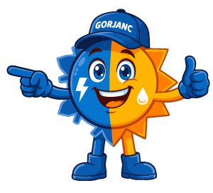 Blue and orange GORJANC mascot pointing and giving thumbs up, smiling with cap and boots