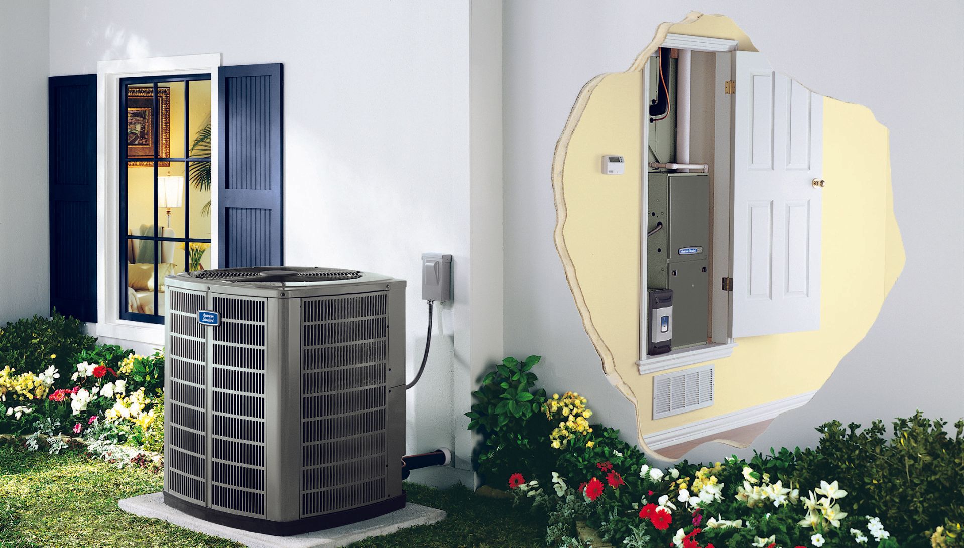 An air conditioner is sitting outside of a house