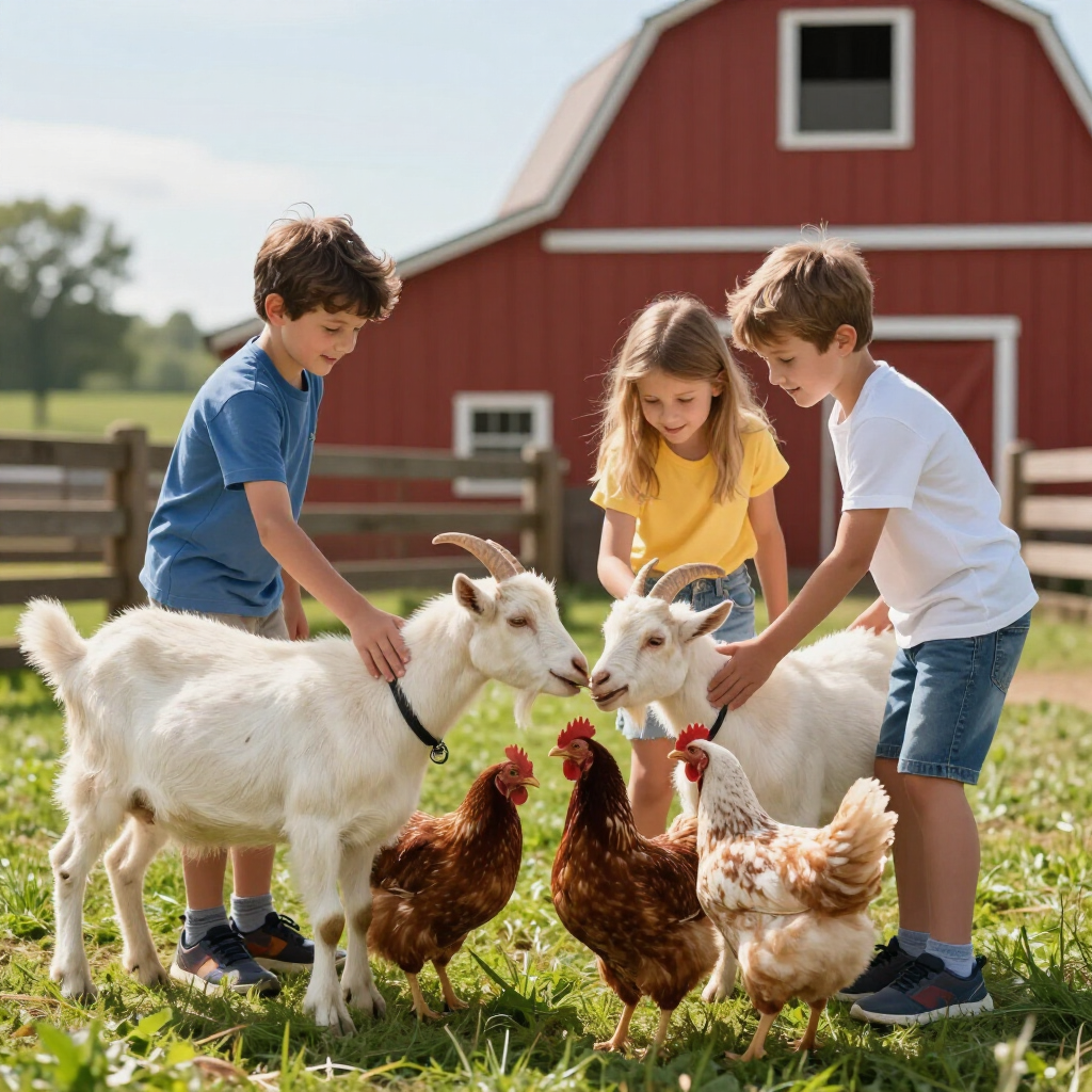 kids petting goats