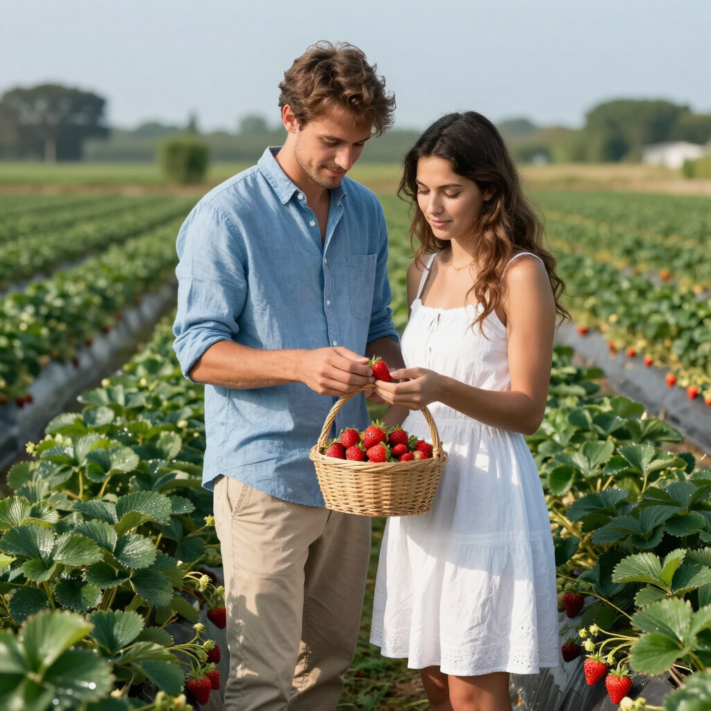 couple picking strawberries