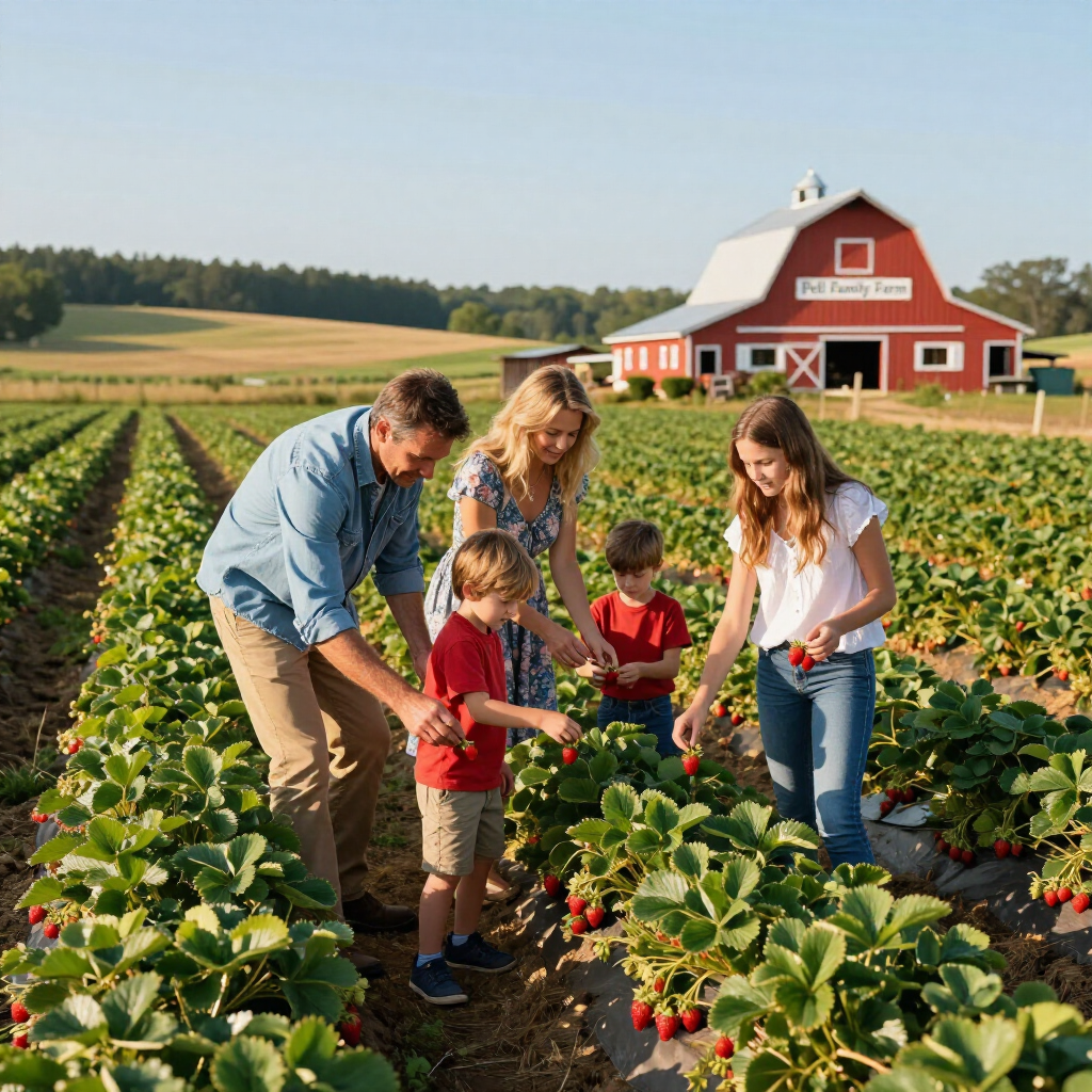 family picking strawberries