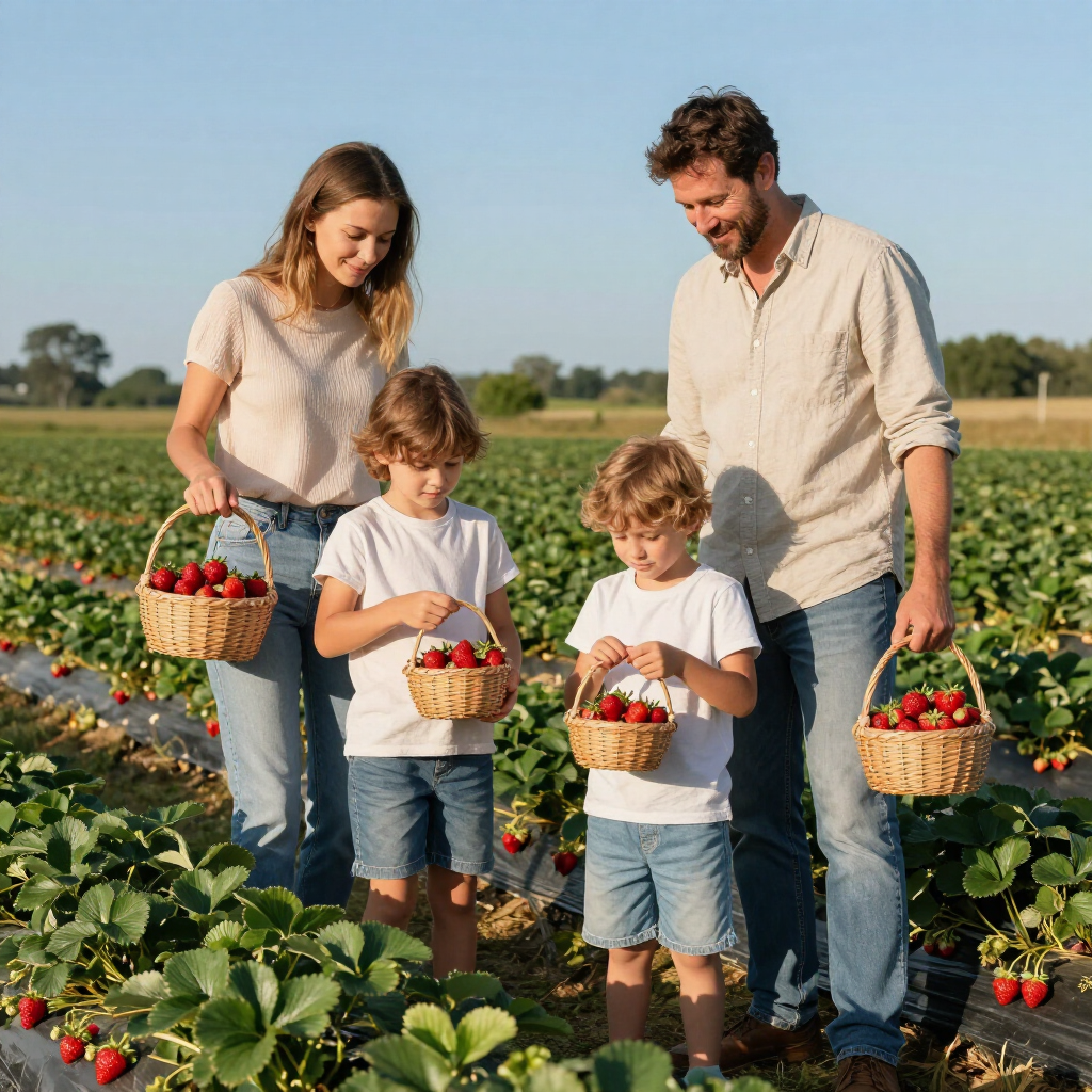 family picking strawberries