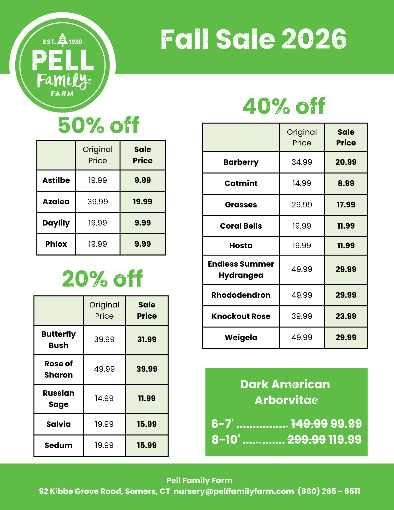 Fall Sale Pricelist 2026