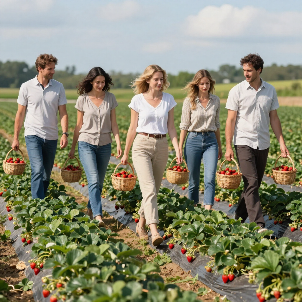 college kids picking strawberries