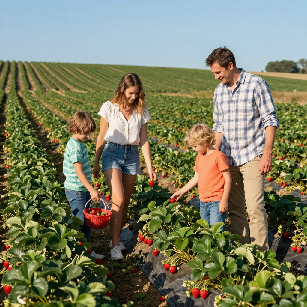 family picking strawberries