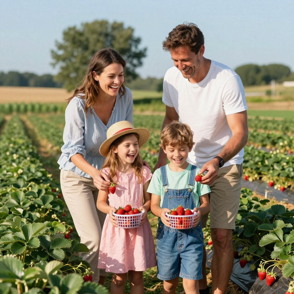 family picking strawberries