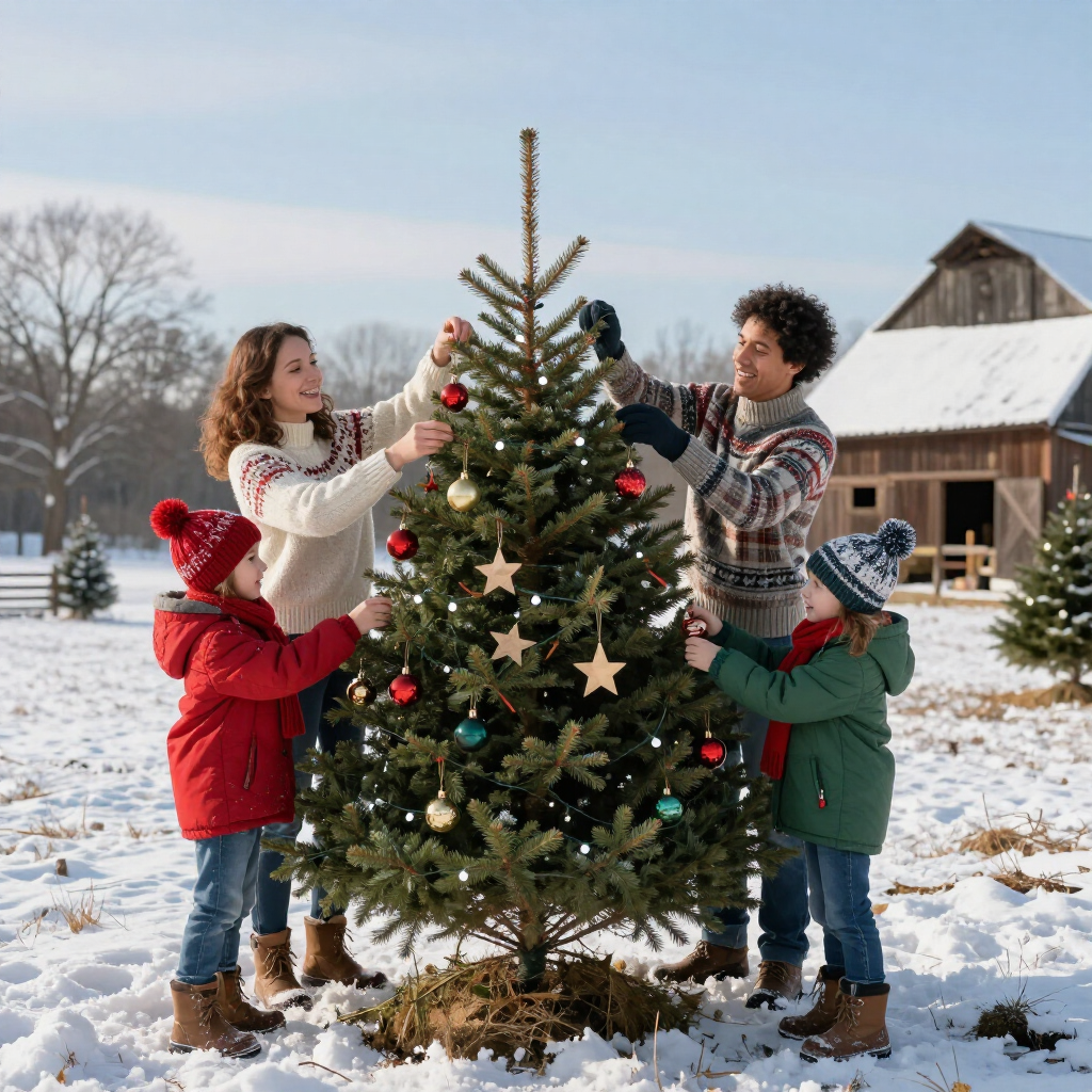 family decorating a christmas tree