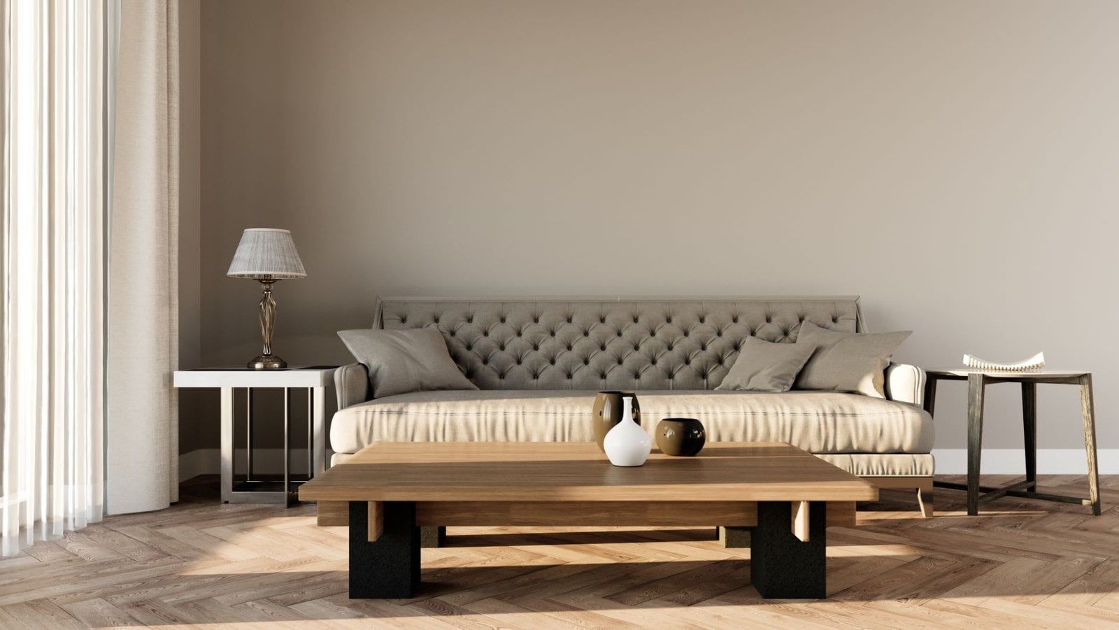 Living room with beige sofa, wooden coffee table, and side tables; neutral color scheme.
