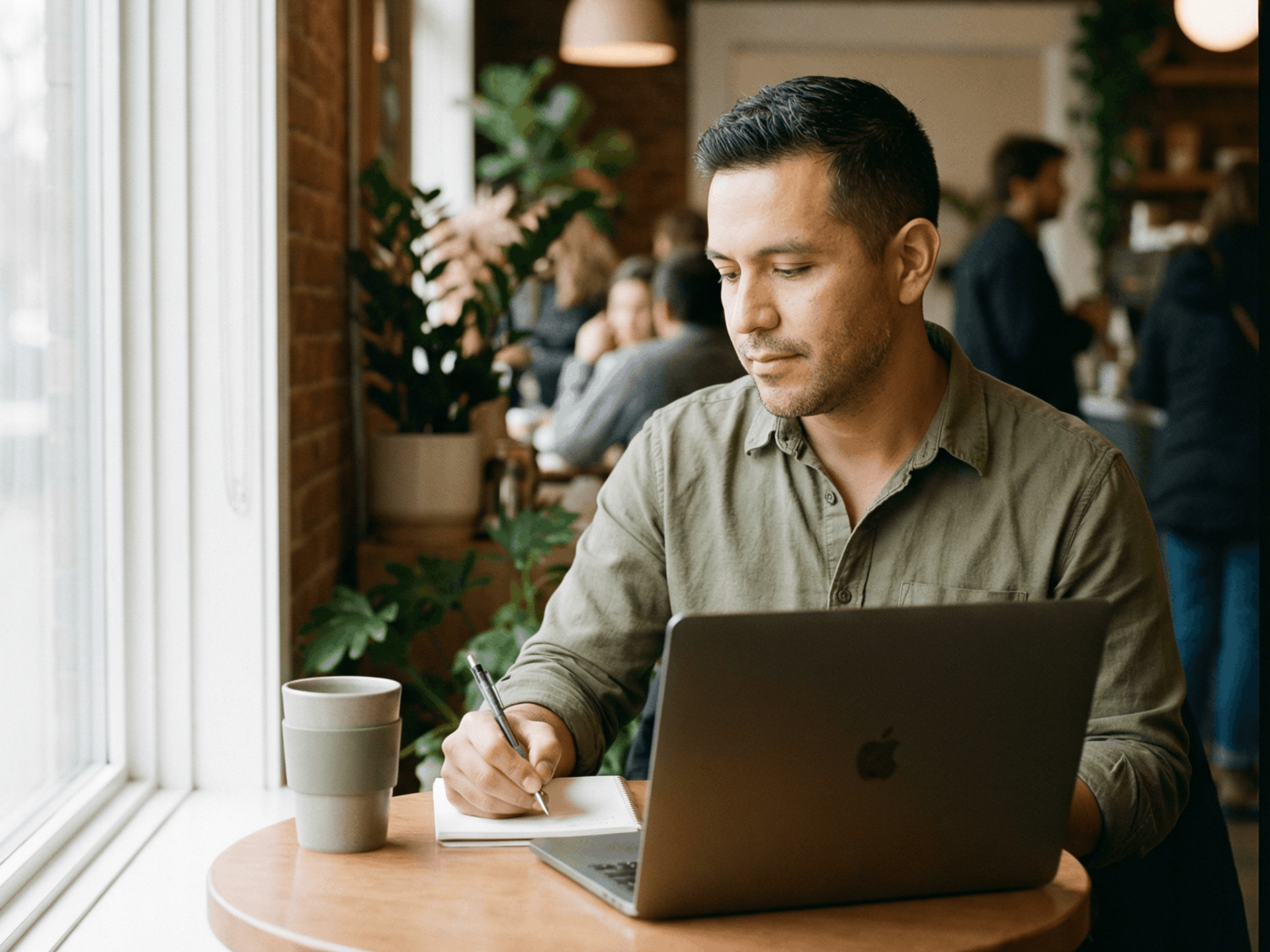Man in green shirt, writing in notebook next to a laptop at a cafe table.