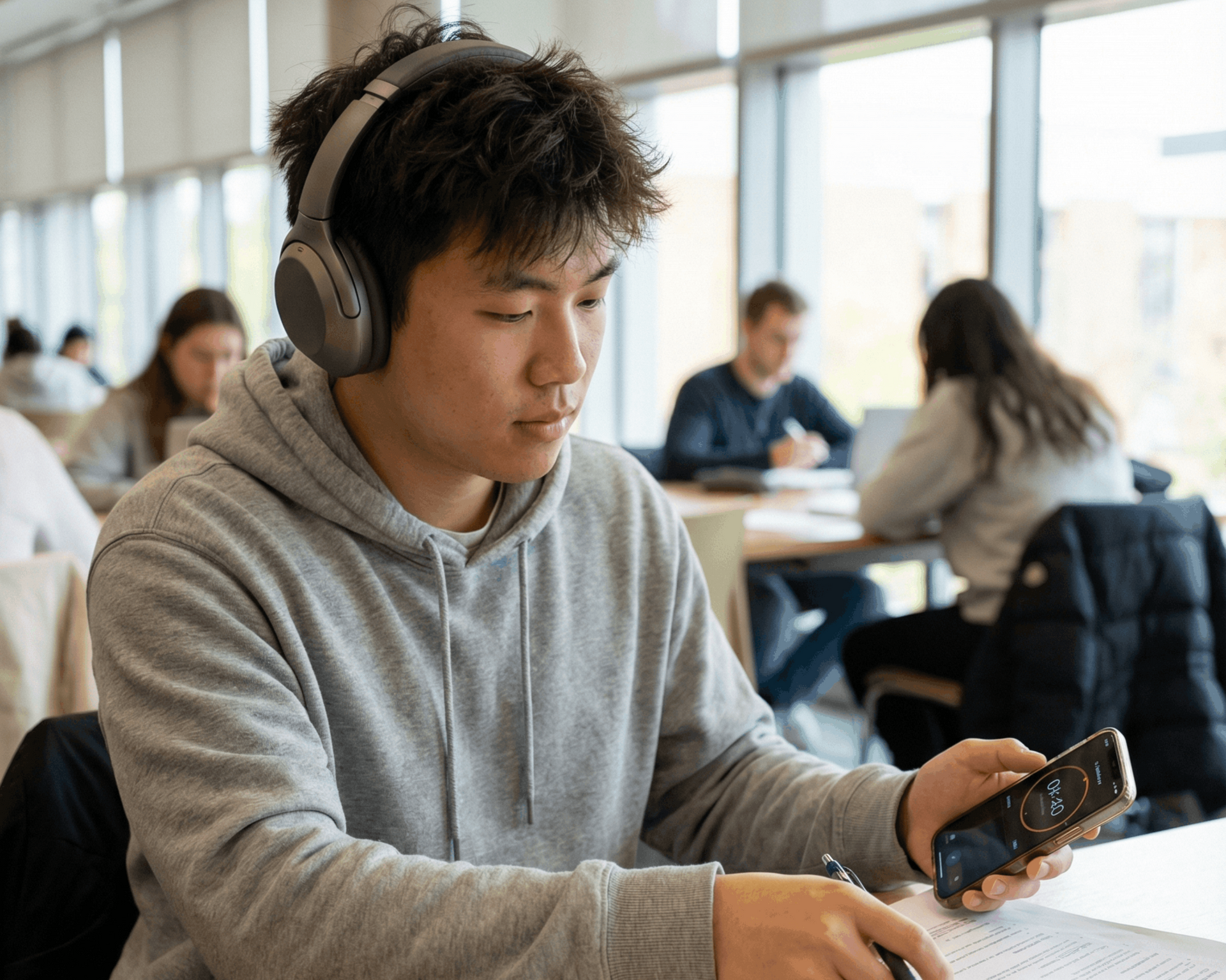 Young person wearing headphones, looking at a smartphone, studying in a library.