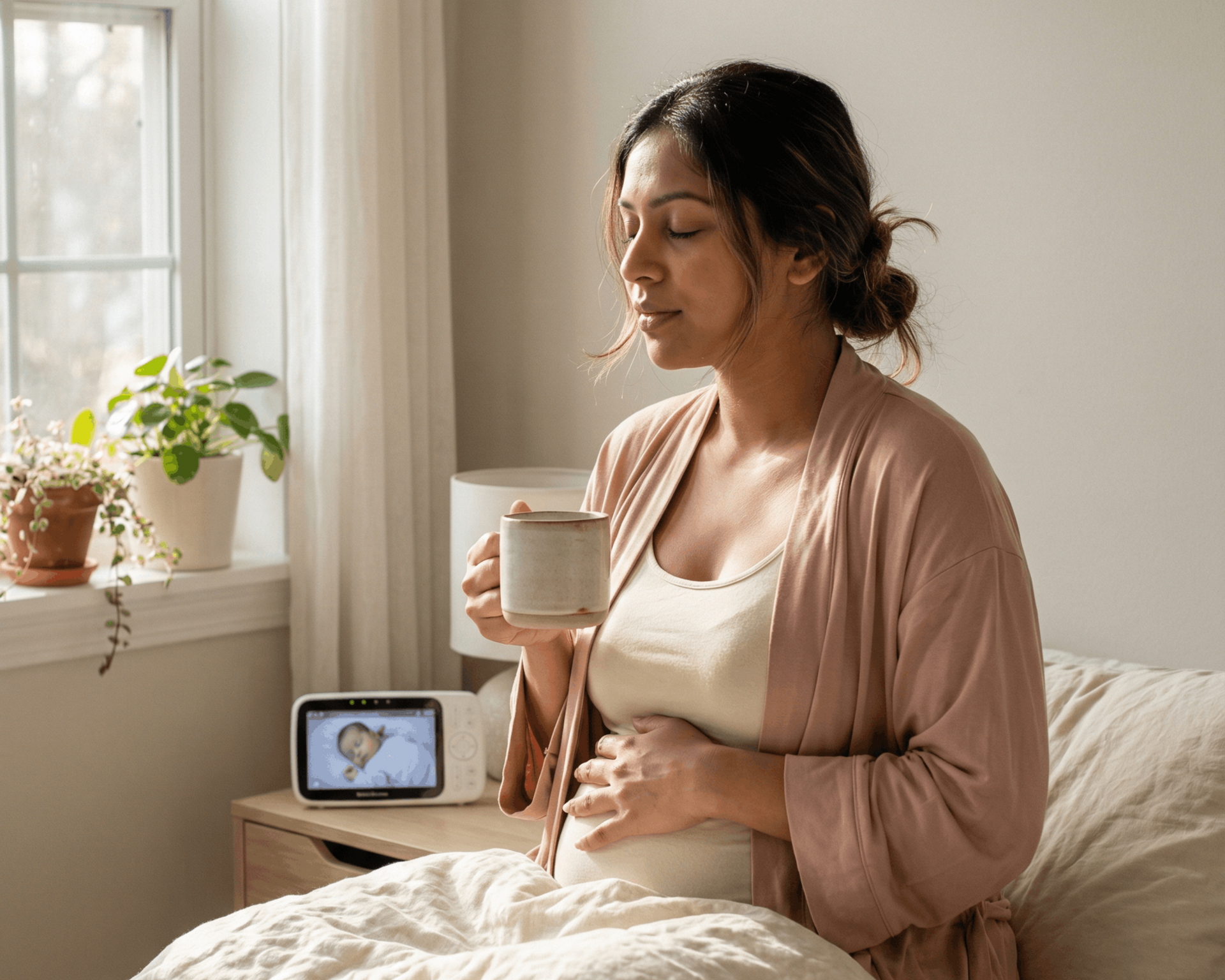 Pregnant person holding a mug, gazing peacefully, sitting by a window and bedside monitor.