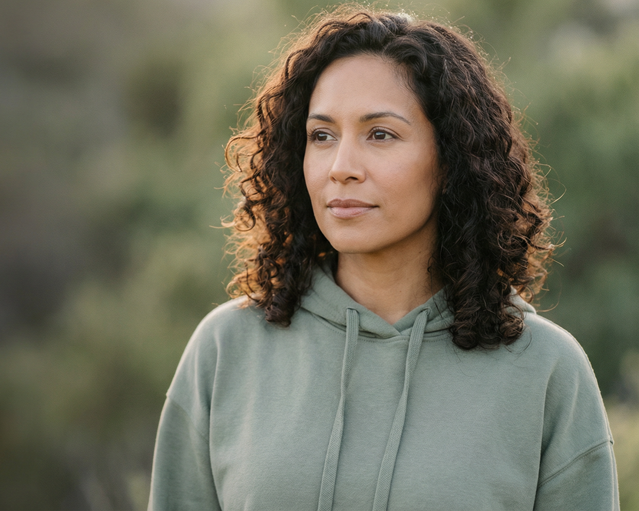 Woman with curly hair wearing a green hooded sweatshirt, looking off to the side outdoors.