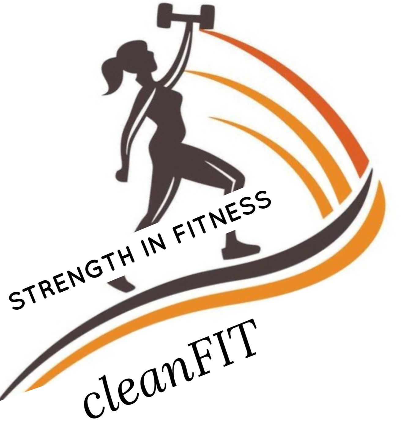 CleanFIT logo with a woman lifting a dumbbell, orange swoosh, and the text “STRENGTH IN FITNESS”
